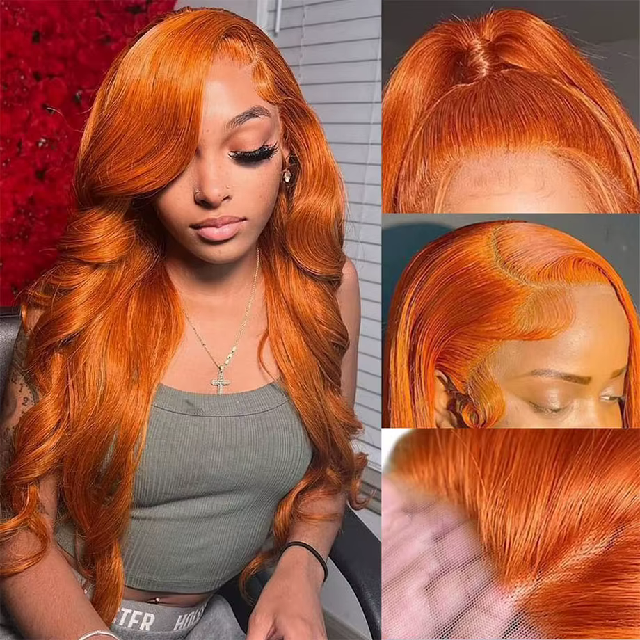 Perruque Lace Frontal Wig Body Wave brésilienne naturelle, cheveux humains, couleur Orange gingembre