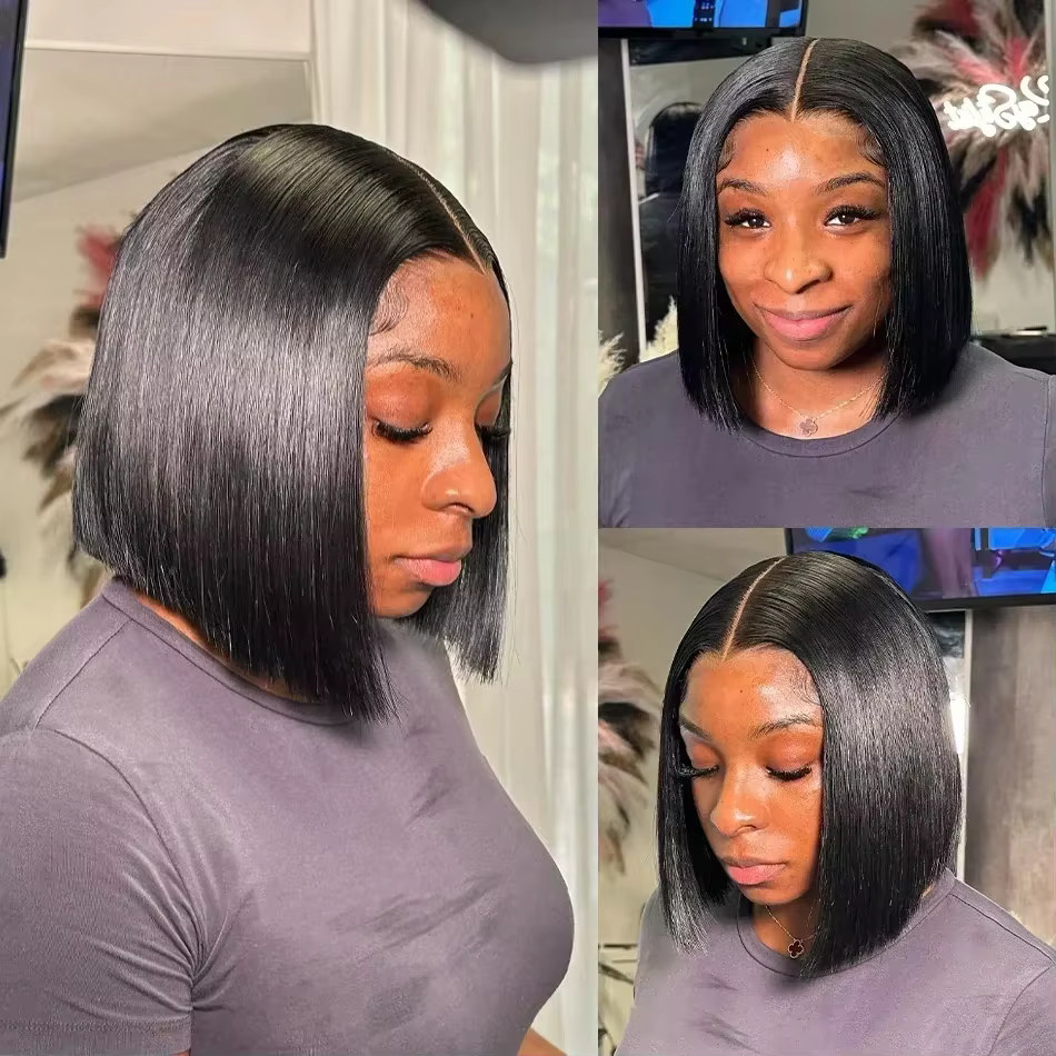 Perruques courtes bob droites 13x4 en cheveux humains, perruques frontales en dentelle 200% Remy pré