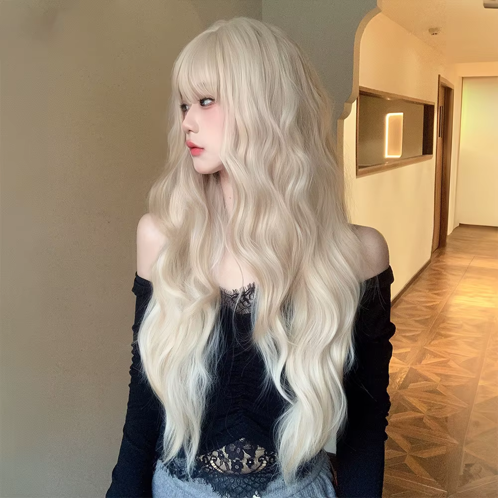 Perruque blonde ondulée naturelle avec frange, longue et bouclée, pour femmes, usage quotidien, fête