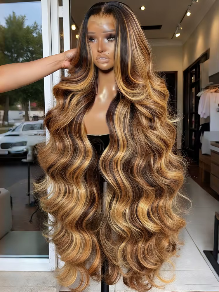 Perruque Lace Frontal Wig naturelle Body Wave ombrée, cheveux humains, 13x4, 13x6, blond miel P4/27,