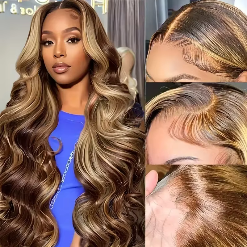 P4/27 mettre en évidence brun vague de corps 13x6 perruque de cheveux humains couleur blond miel 13x