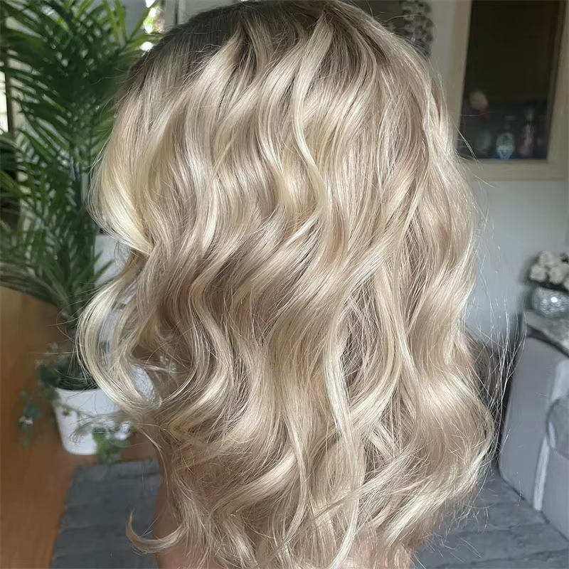 Perruques synthétiques Bob Loose Deep avec racines brunes et blond platine, perruques frontales en d