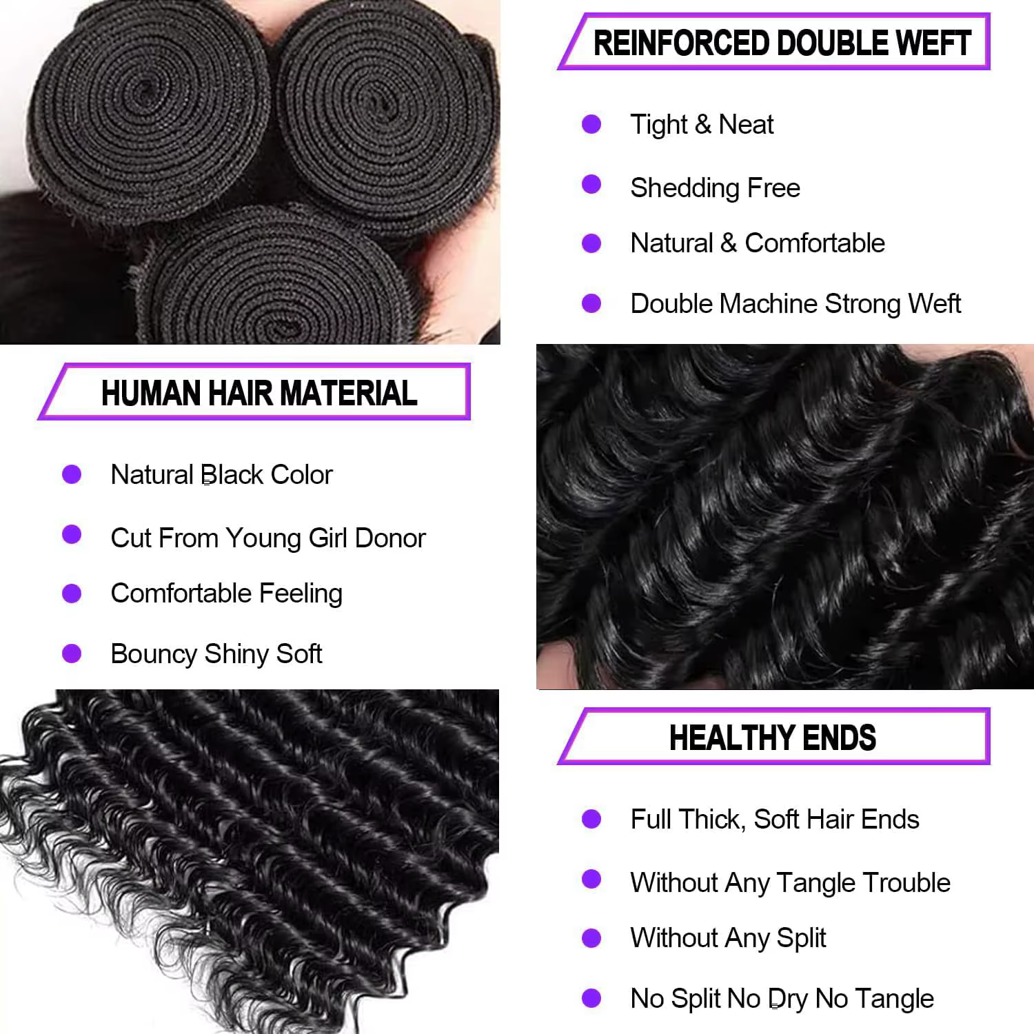 Extensions de cheveux humains vierges non traités, ondulés, double trame, 34-36 pouces, pour tissage