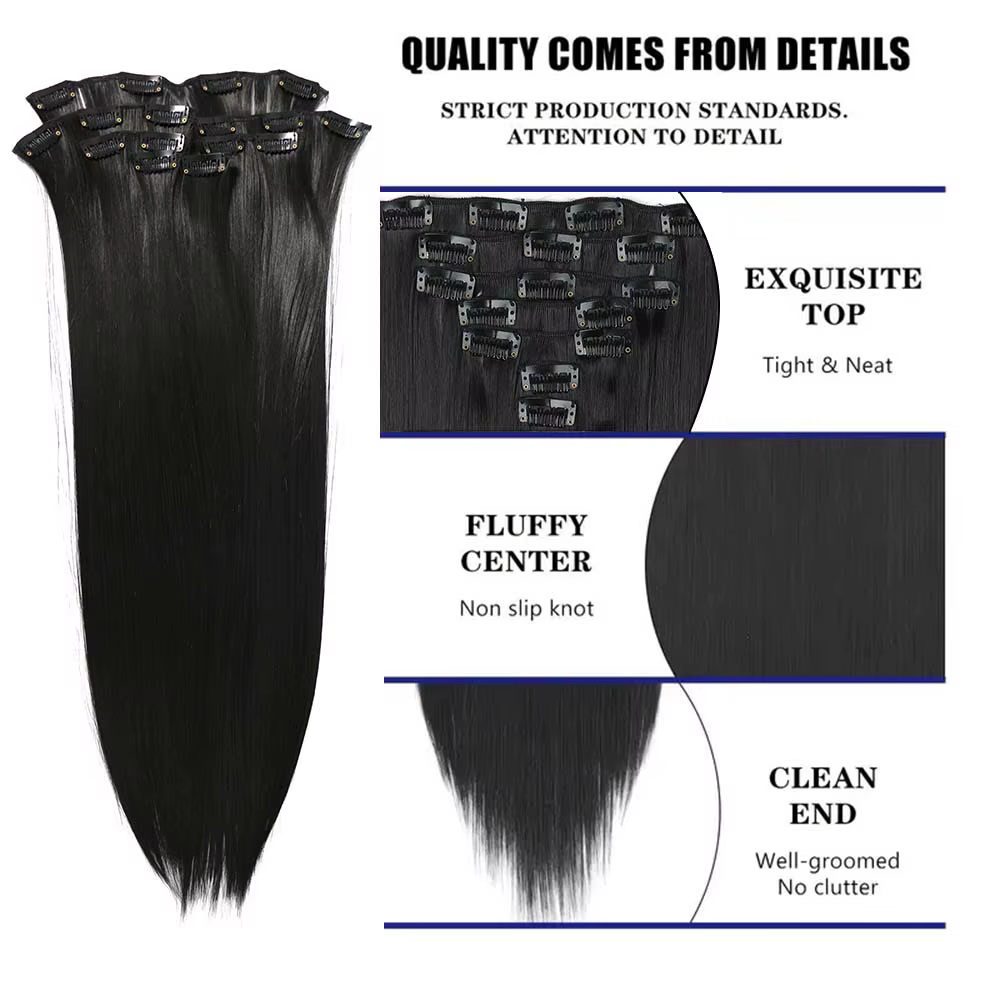 Extensions de cheveux synthétiques longues et lisses à clips, 24 pouces, 16 clips, 7 pièces/ensemble