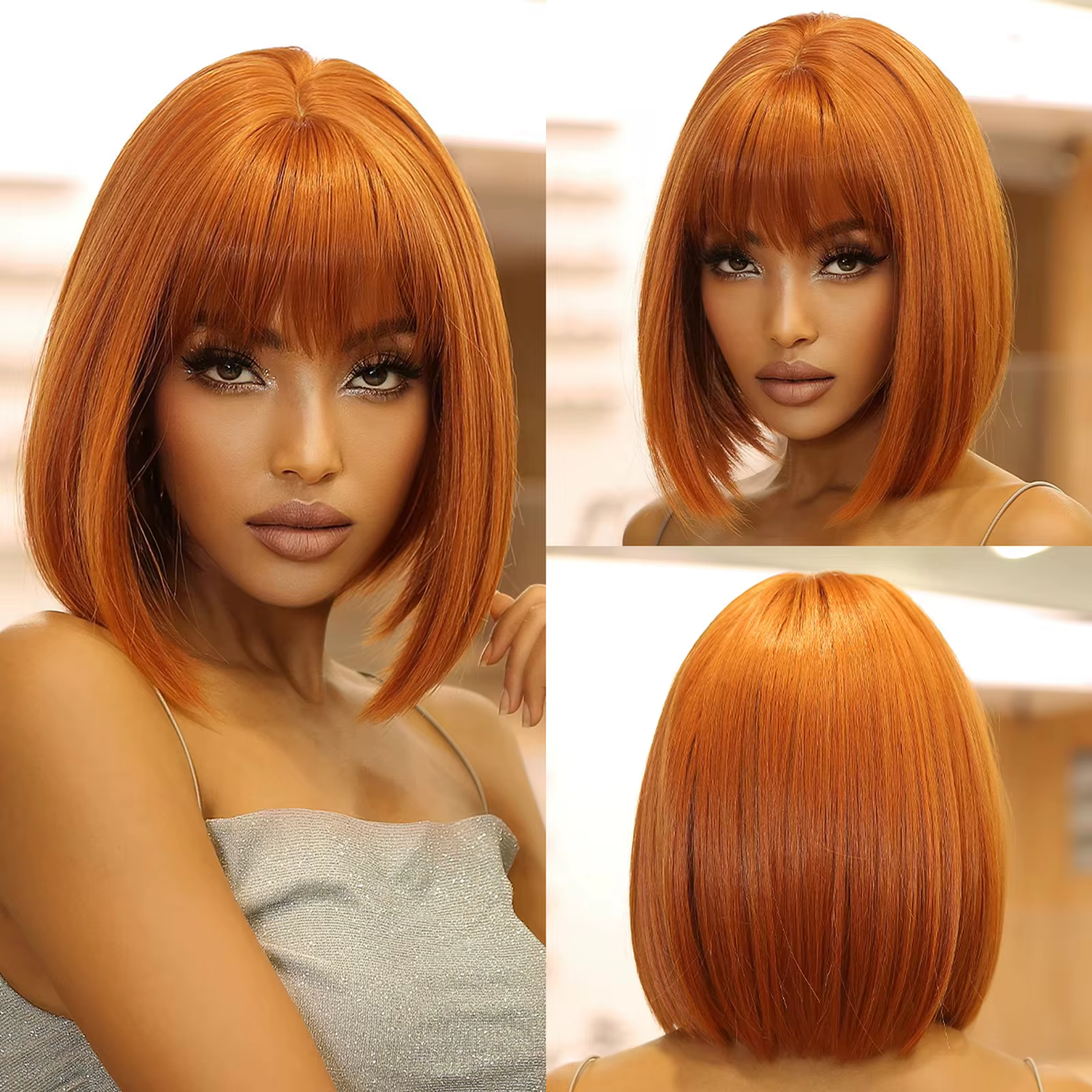 Perruque synthétique courte et droite, perruque Bob marron gingembre avec frange droite pour dames, 