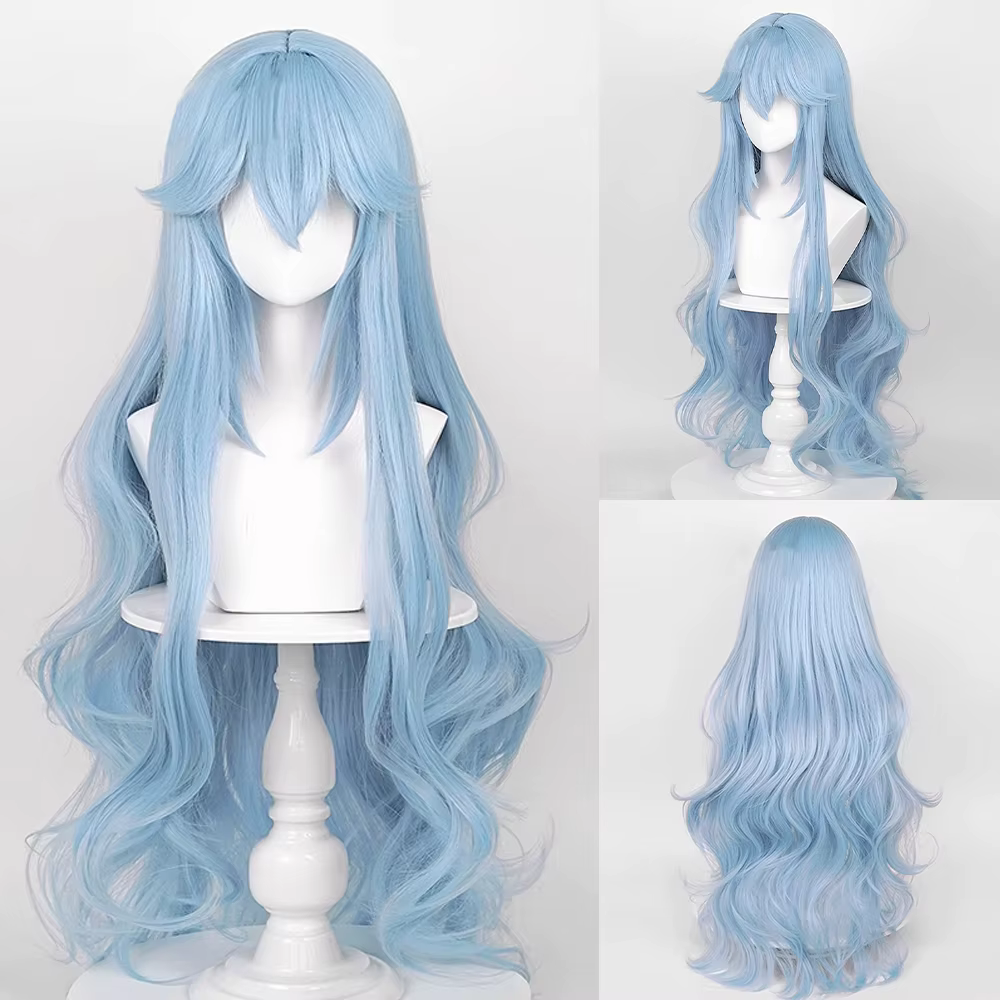 Perruque synthétique longue ondulée bleue pour femmes, avec frange, perruque moelleuse de jeu d'anim