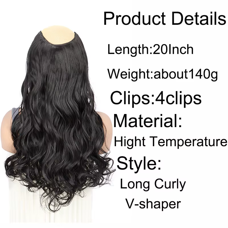 Extension Capillaire Synthétique Longue Ondulée Bouclée en Forme de V, Postiche Blonde Noire, 4 Clip