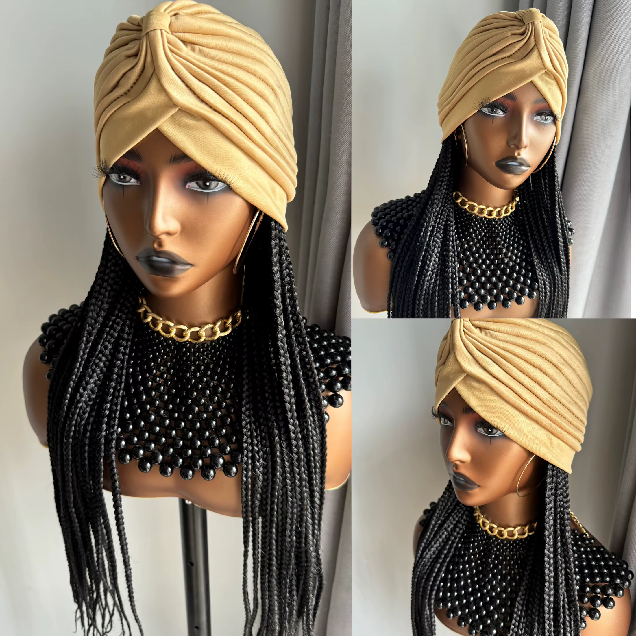 WIGERA-Perruque Synthétique Longue Tressée Noire de 24 Pouces, avec Bande de Sauna, Turban, Chapeau,
