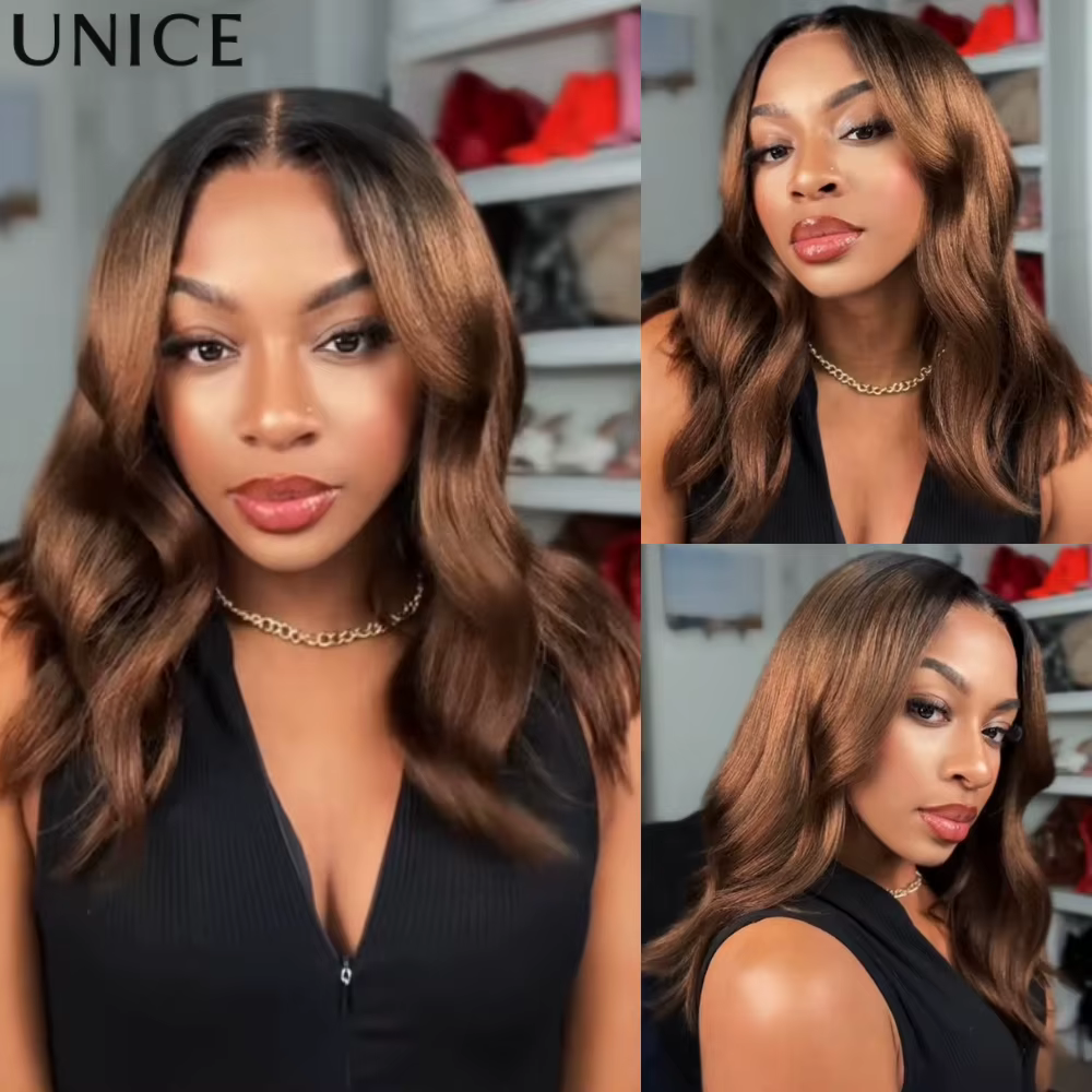 UNice châtain brun Ombre Yaki droite Bob perruque de cheveux humains 7x5 & 13x4 dentelle sans colle 