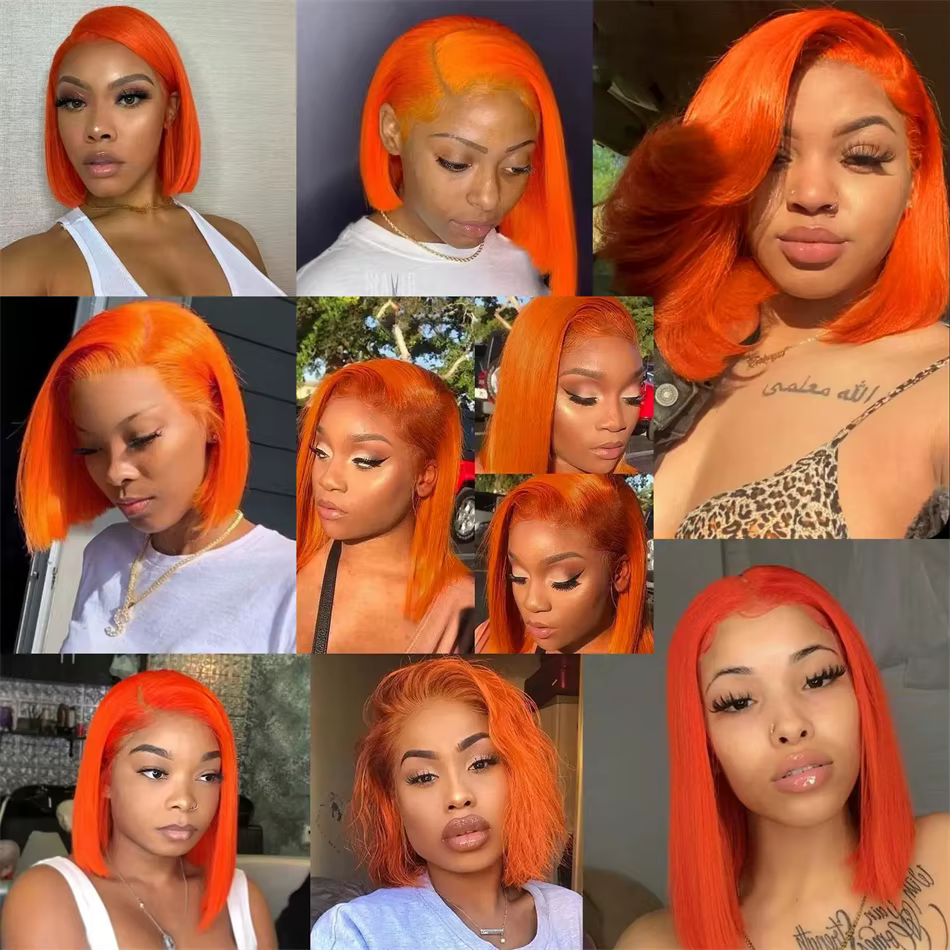 Perruque Bob Courte Sans Colle 613 Orange Gingembre, Perruque Frontale HD en Dentelle, Cheveux Humai