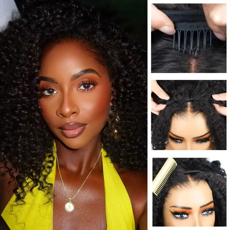 Demi-perruque 3 en 1 pour débutantes, cheveux humains bouclés, demi-perruque invisible avec cordon d