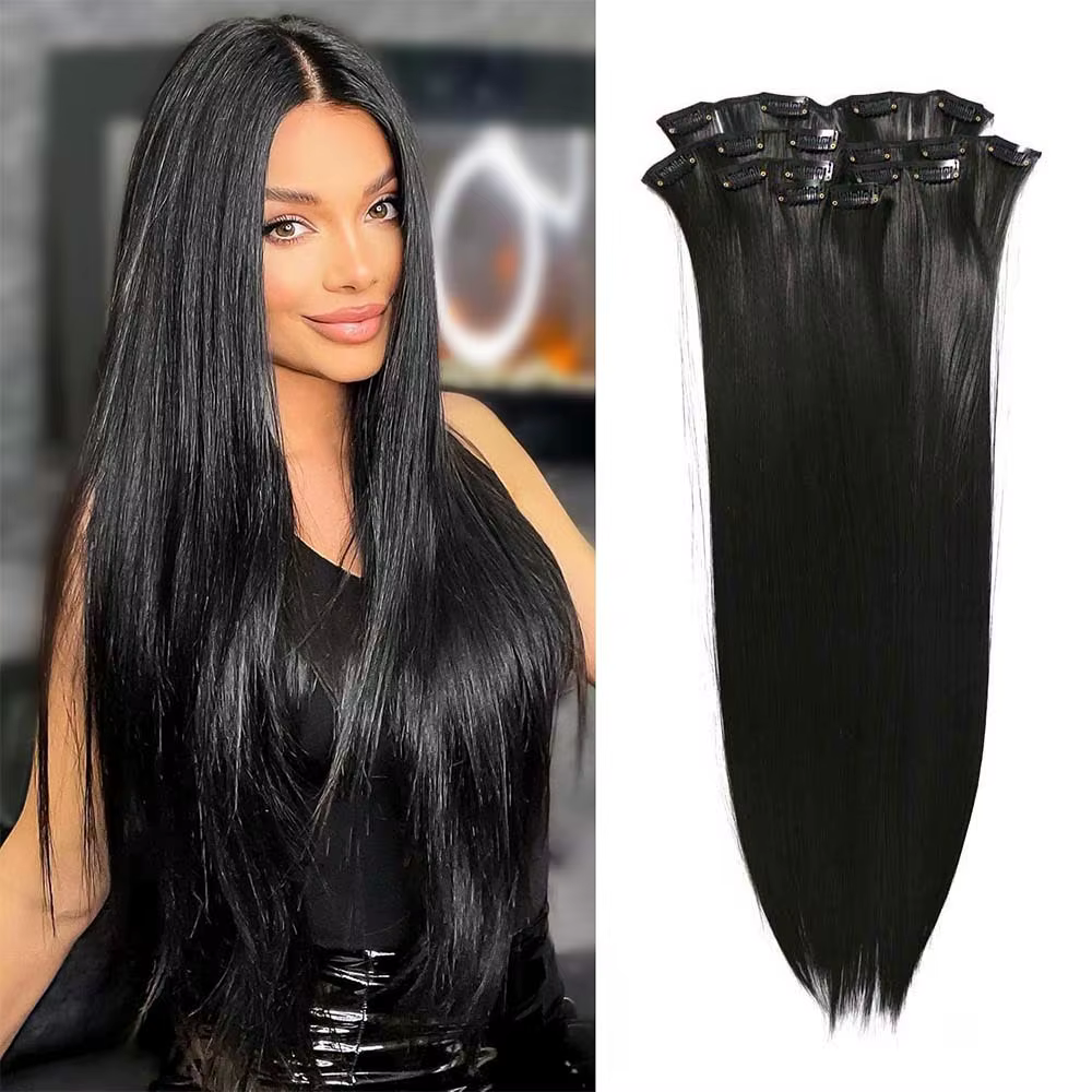 Extensions de cheveux synthétiques longues et lisses à clips, 24 pouces, 16 clips, 7 pièces/ensemble
