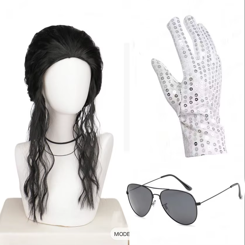 Perruque synthétique noire pour homme, style mulet, avec lunettes et gants, longue et bouclée, année