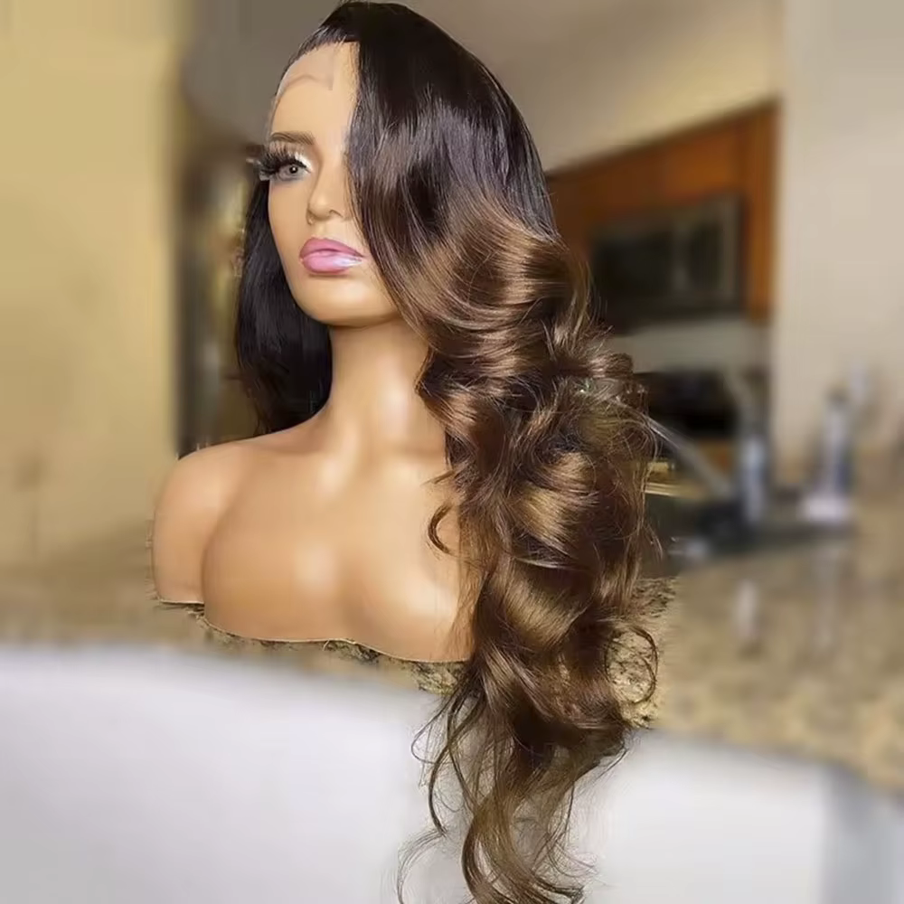 Perruque Lace Frontal Wig Body Wave brésilienne naturelle, cheveux ombrés, blond, 1b/4/27/30, 13x4,