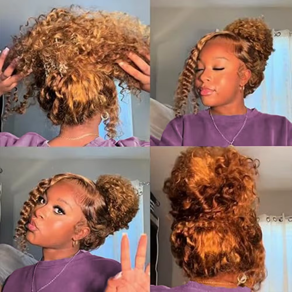 Perruque bouclée 4/27 en cheveux humains, pré-épilée, perruque frontale 360 Full Lace HD en cheveux