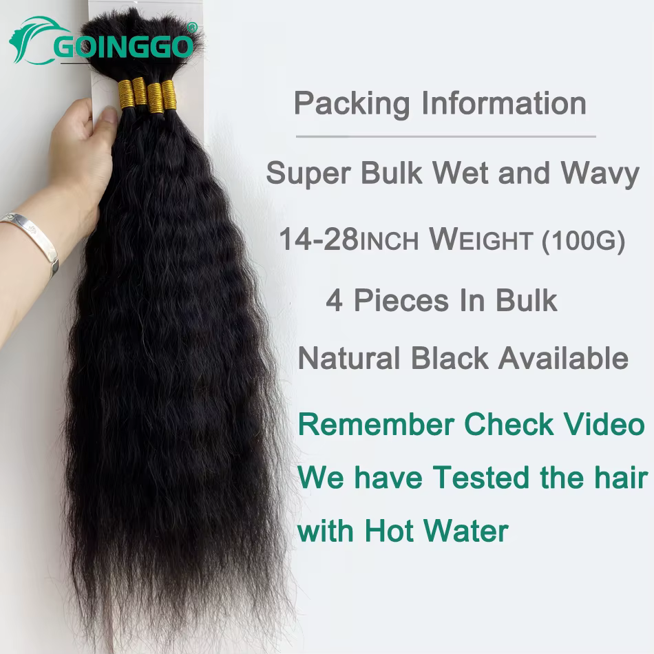 Extension de Cheveux Humains Remy pour Tressage, Accessoire Capillaire Ondulé, Sans Trame, 4 Pièces/