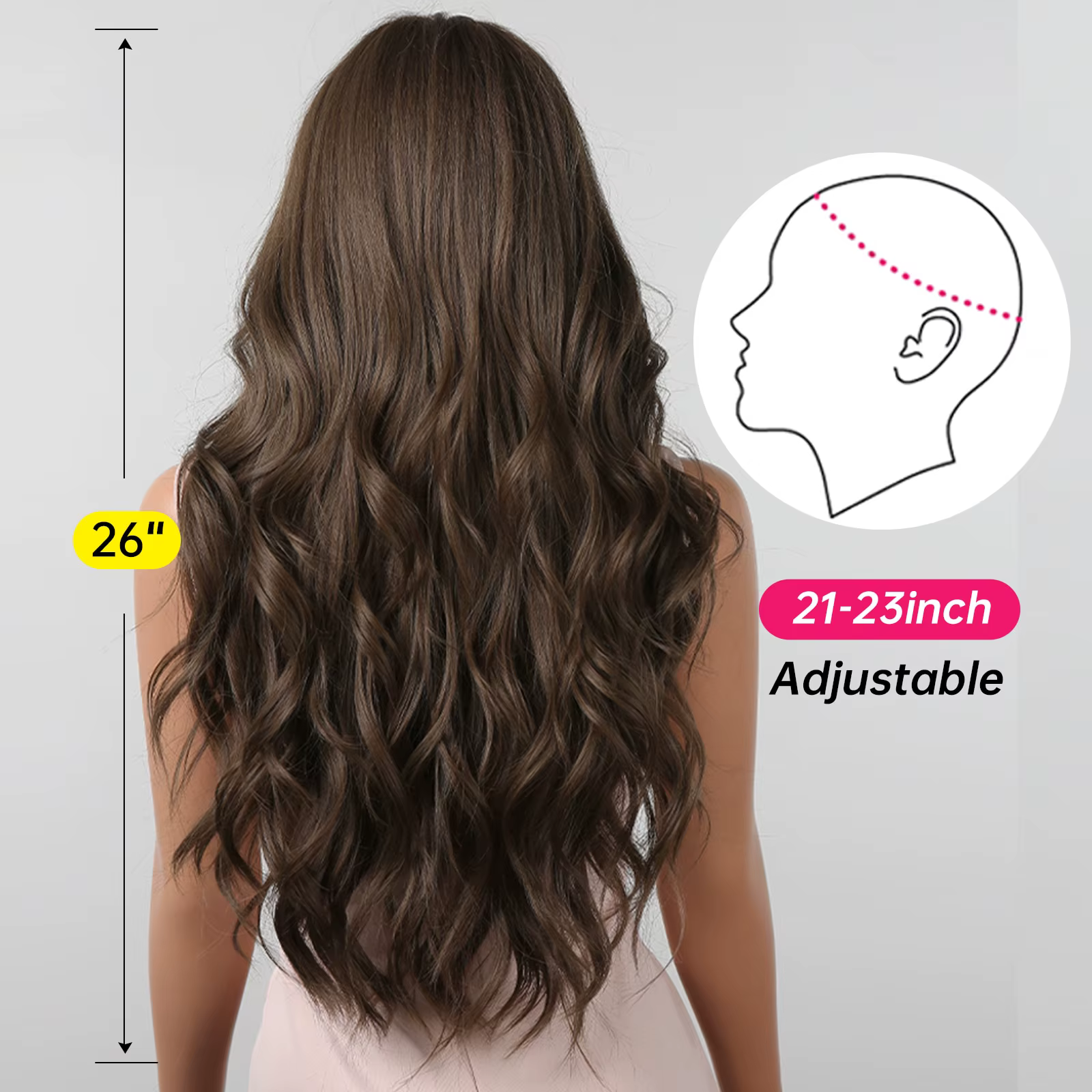 Perruques brunes ondulées avec frange pour femme, cheveux synthétiques naturels longs, degré de chal