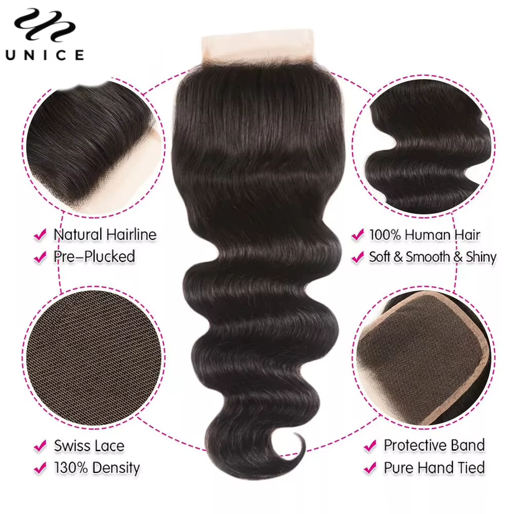 Mèches 100% naturelles Body Wave-UNice Hair, cheveux humains, avec closure, 4x4 pouces, document nat