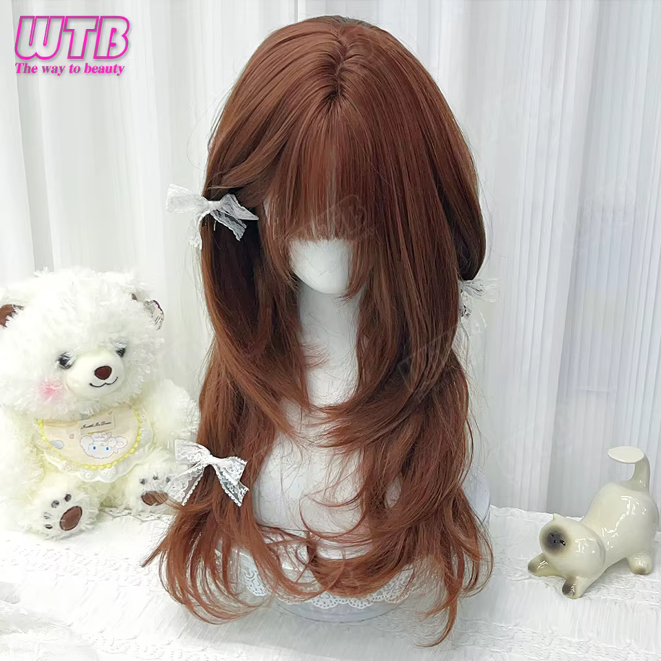 Perruque synthétique Lolita WTB de 65 cm, lisse, à plusieurs couches, avec frange, adaptée au port q