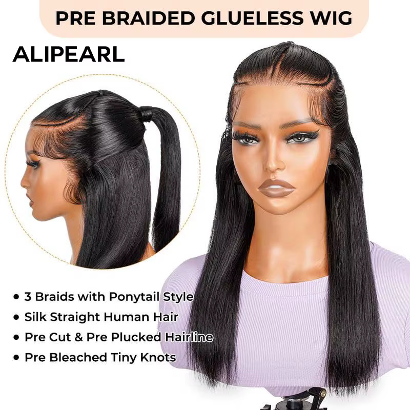 Alipearl-Perruque en dentelle pré-tressée, perruque pré-coupée, cheveux demi-haut et queue de cheval