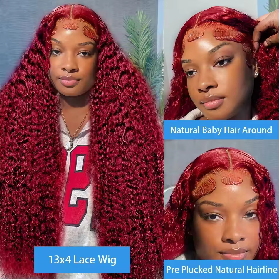 Perruque frontale en dentelle HD 13x6 99J Deep Wave Bourgogne, Perruque en cheveux humains bouclés R
