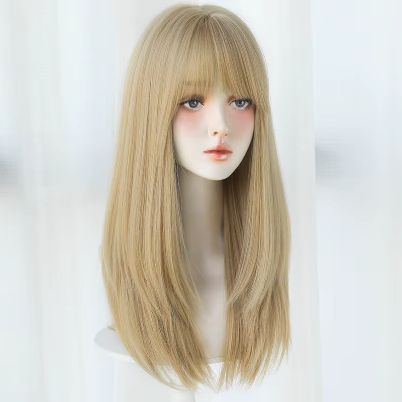 Perruques blondes en couches droites avec frange soignée, faux cheveux naturels synthétiques haute d
