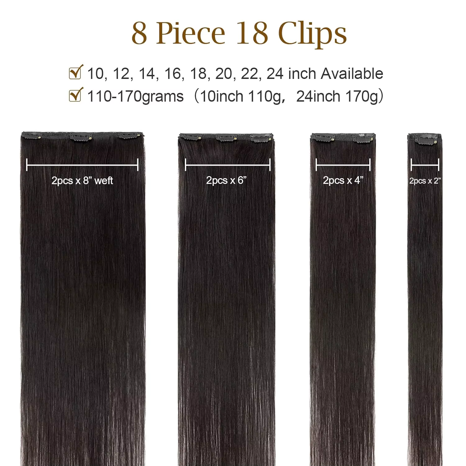 Extensions de cheveux humains 100% non traités, 120G/8 pièces, à clips droits, cheveux vierges brési