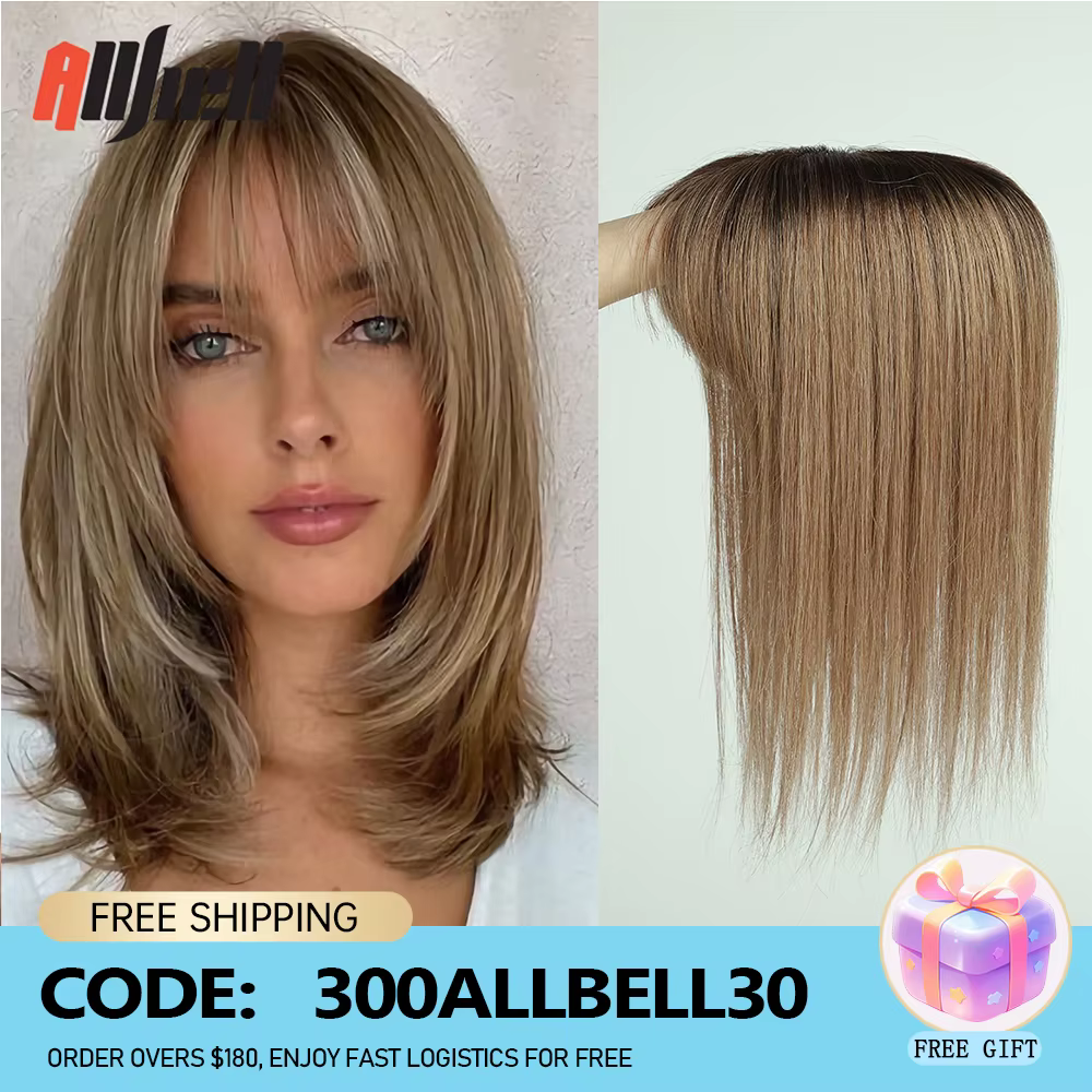 100% Remy cheveux humains Toppers avec frange 14 pouces brun ombré pièces de cheveux humains pour le
