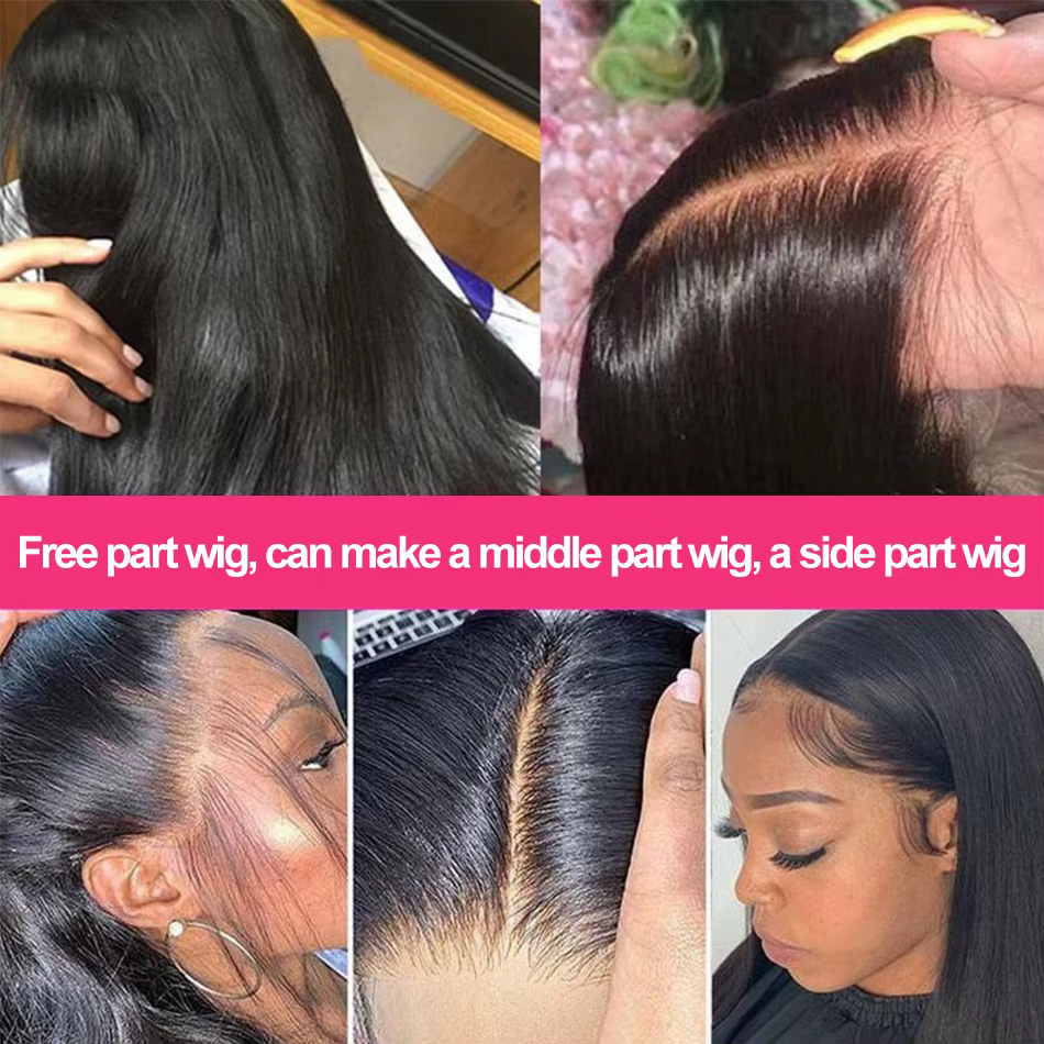 Perruque Lace Front Wig brésilienne lisse, cheveux lisses, Transparent HD, pre-plucked, Humen, pour