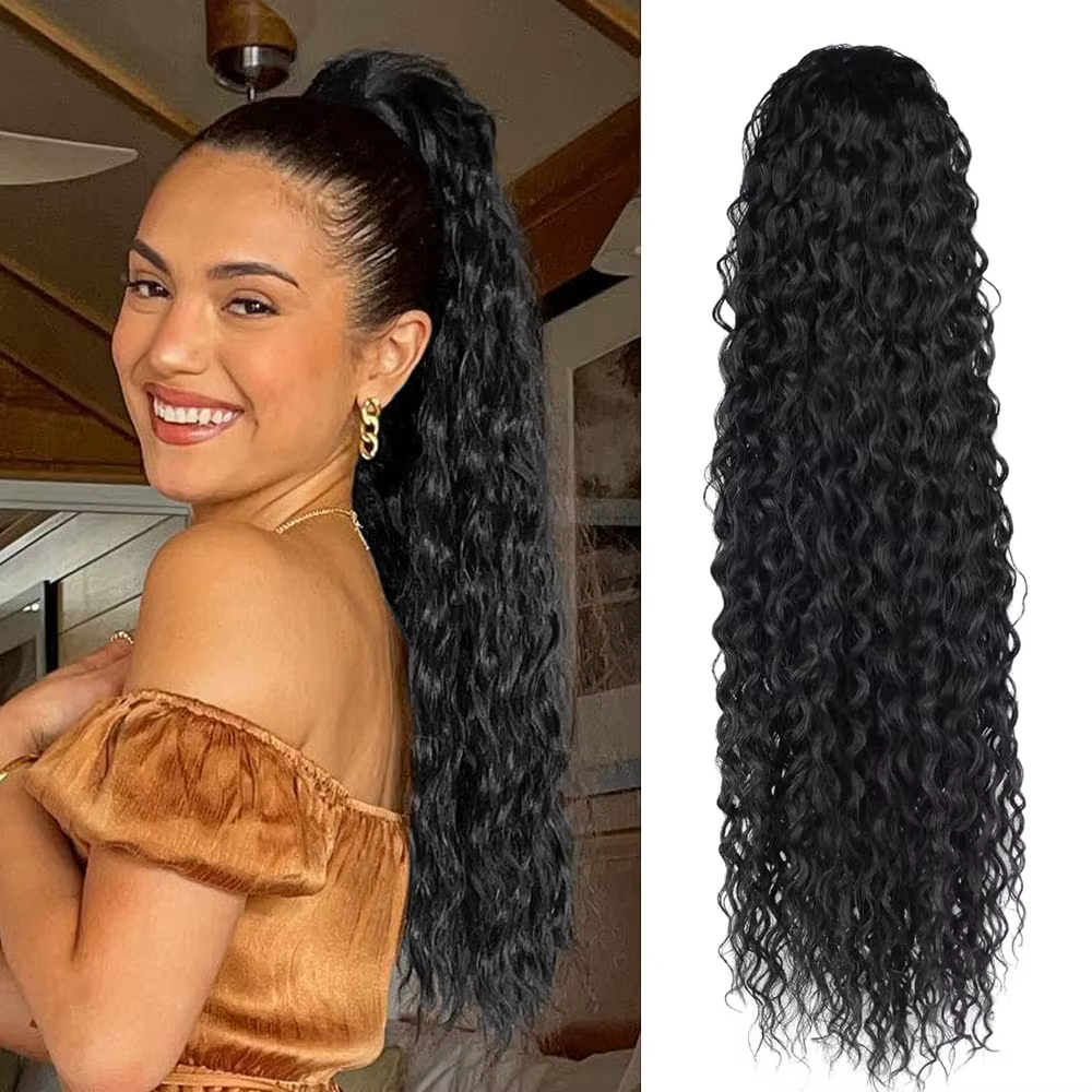 Extensions de queue de cheval bouclées Deep Wave, 100% cheveux humains brésiliens, noir naturel, 100