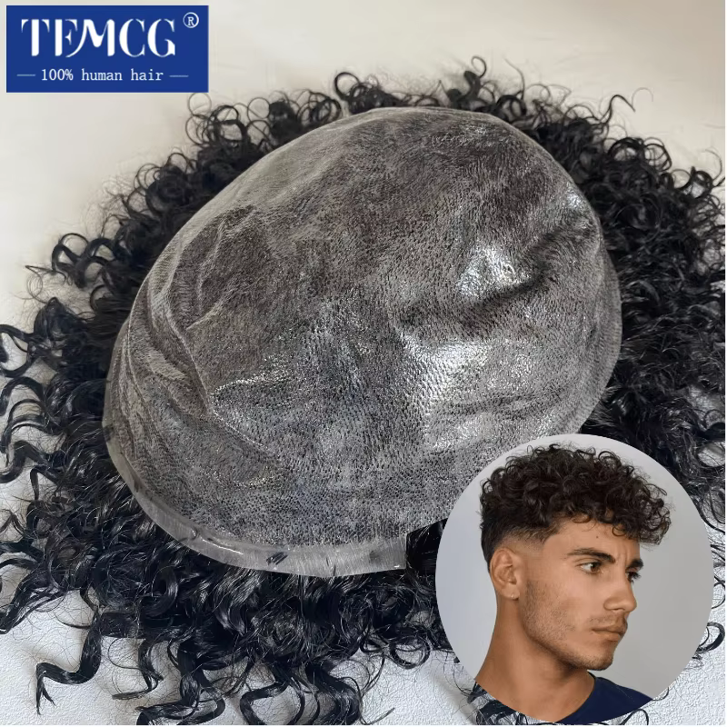 15MM bouclés mâle cheveux prothèse toupet hommes 100% indien cheveux humains confortable peau Base p