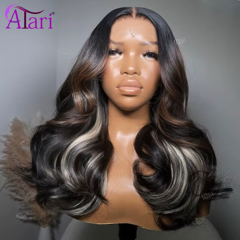 Perruque Lace Frontal Wig Body Wave brésilienne naturelle, cheveux humains, à reflets bruns et blond