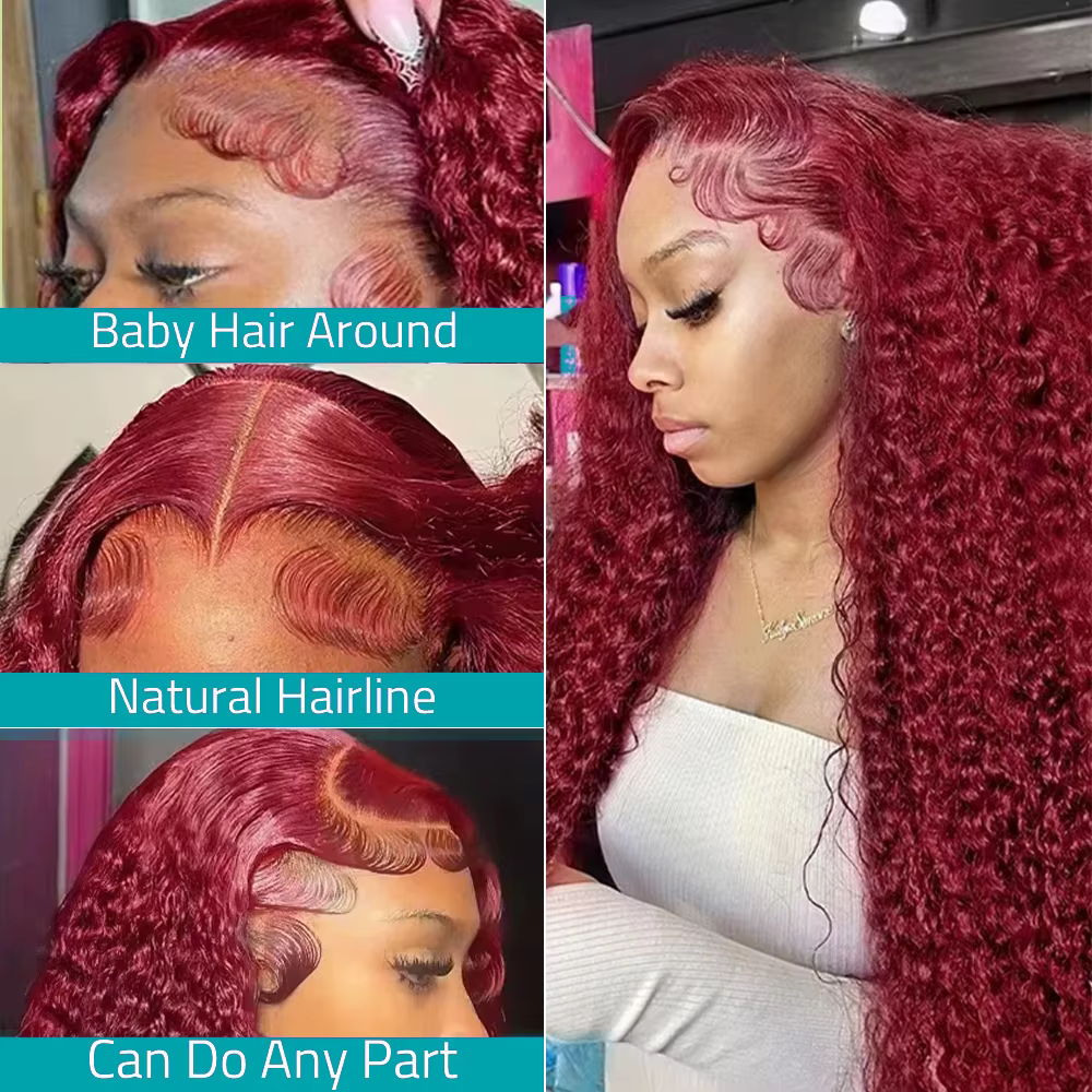 Perruque Lace Frontal Wig naturelle bouclée, cheveux humains, Deep Wave 99J, bordeaux, 13x4, HD, vin