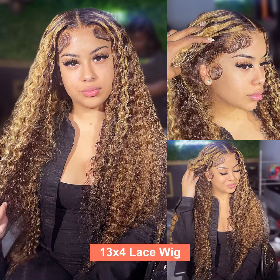Perruque Lace Front Wig naturelle bouclée à reflets, cheveux humains, Deep Wave, 13x6, 13x4, Hd, P4/