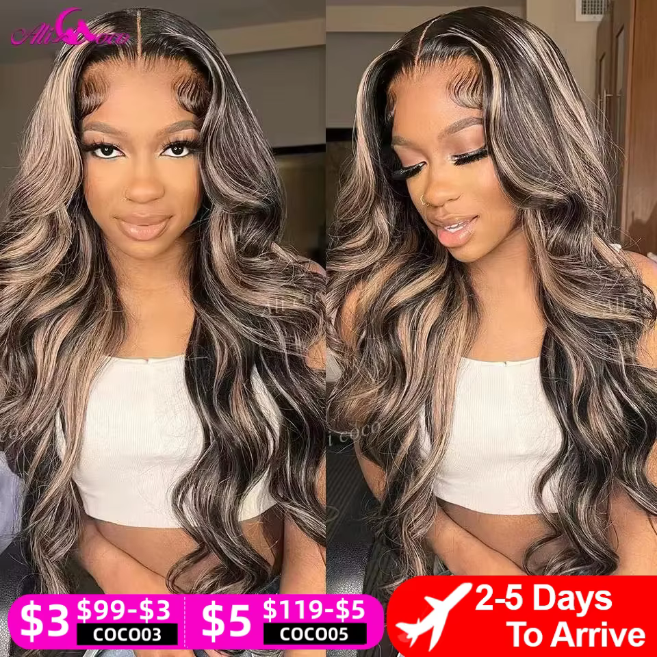 Perruque Naturelle à Reflets Blonds pour Femme, Cheveux Humains Ondulés, Densité 180%, 13x4, 13x6