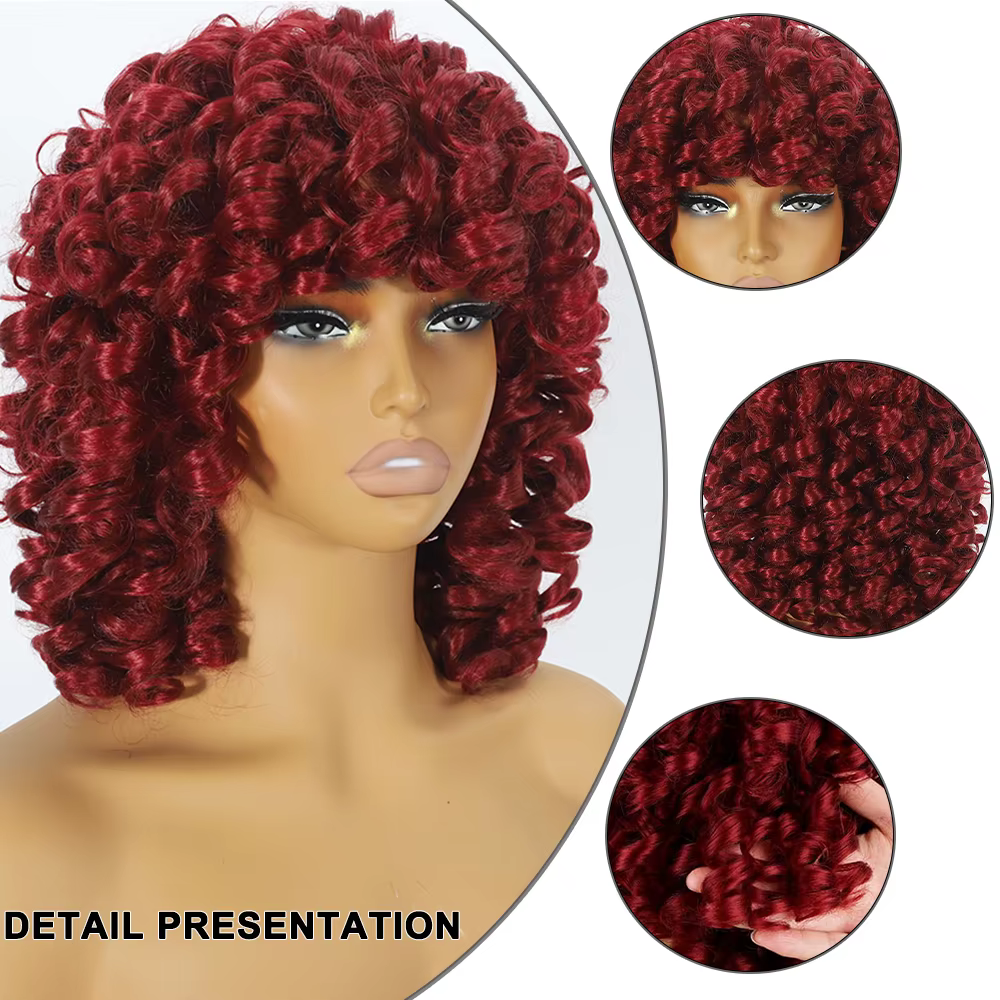 Perruque courte bouclée rouge ample pour femmes noires, perruque Afro bouclée avec frange en Fiber s