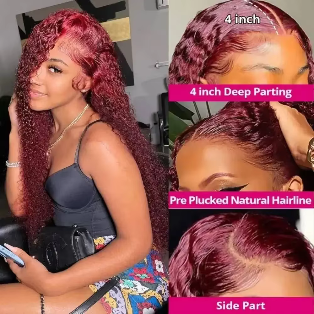 Perruque Lace Wig Naturelle Ondulée, Cheveux Humains, Couleur Bordeaux 99J, 13x4, 13x6, Pre-Plucked,