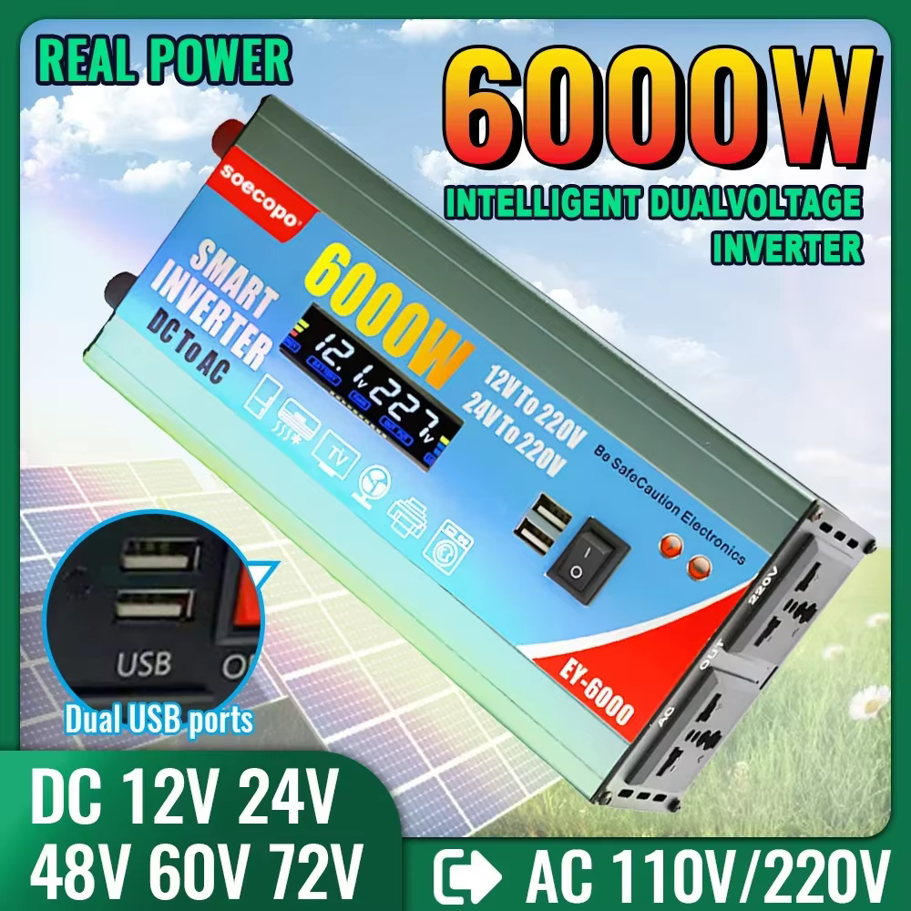 Onduleur de puissance double tension 6000W 12V 24V 48V 60V 72V à 110V 220V, batterie solaire, écran