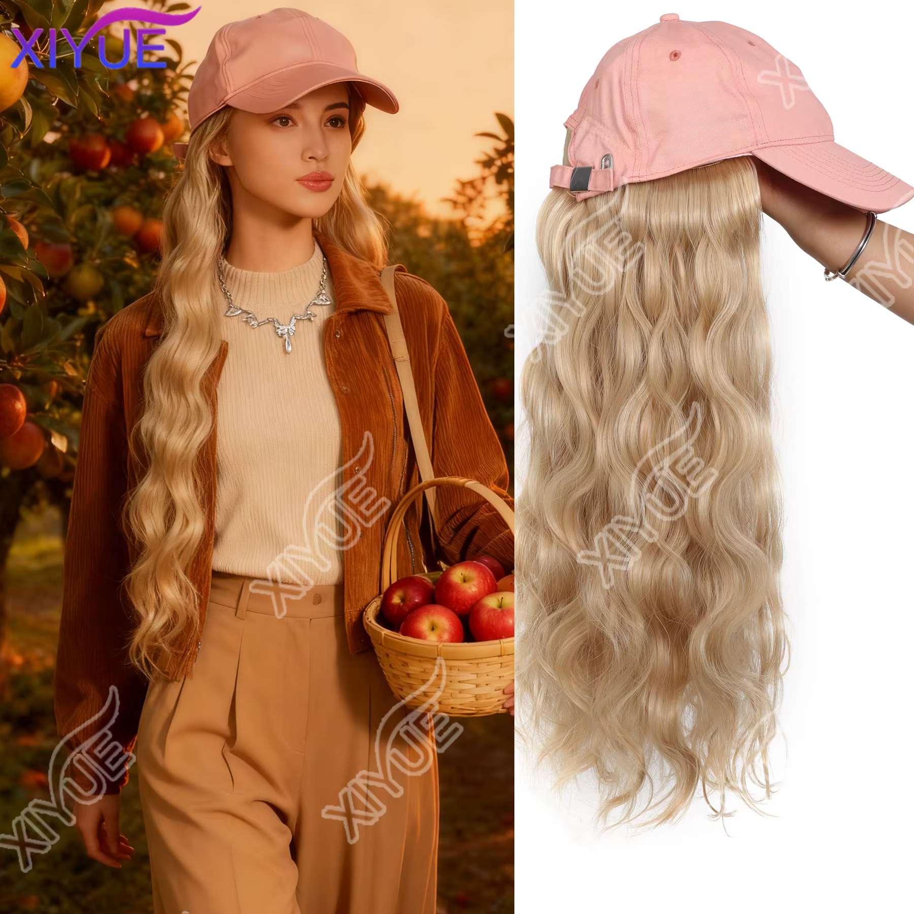 Perruque de chapeau rose pour femmes, perruque de casquette de Baseball ondulée avec Extensions de c