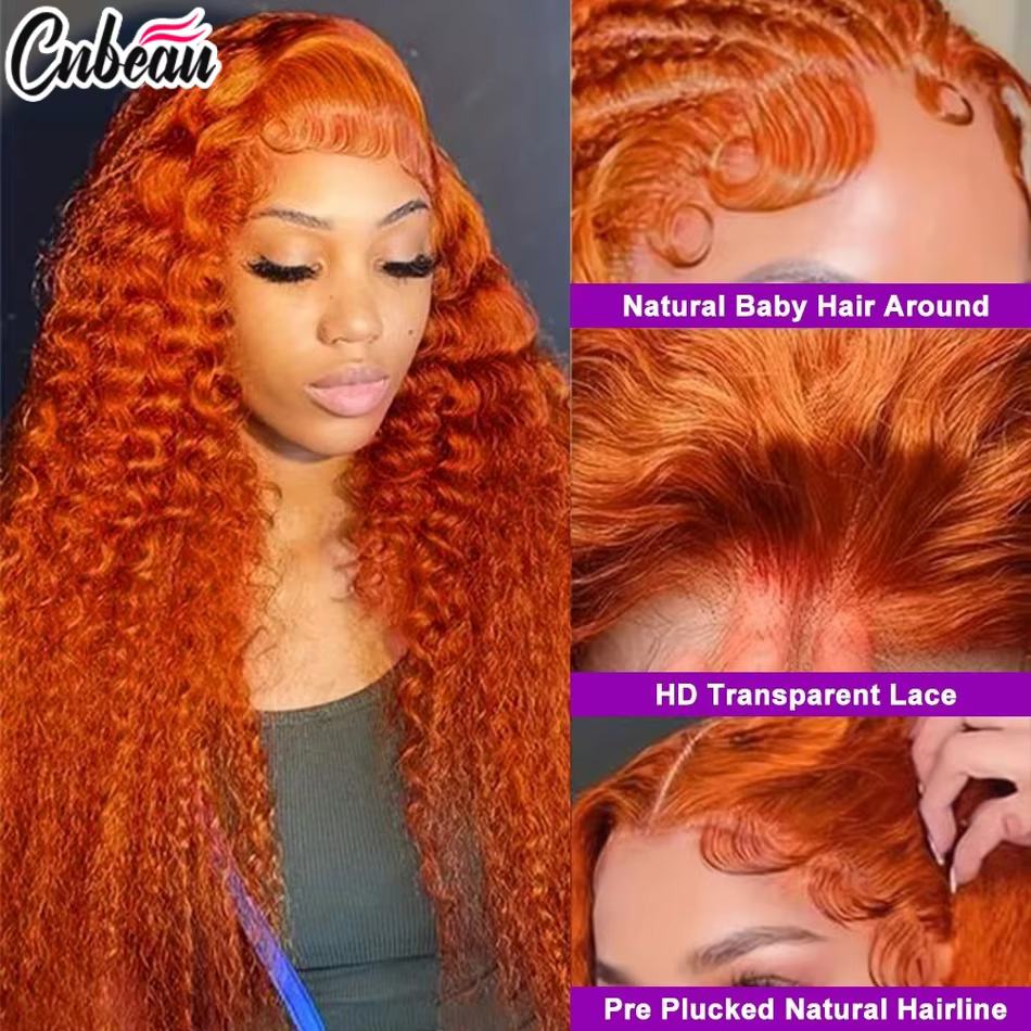 Perruque Lace Front Wig naturelle bouclée Orange gingembre, cheveux humains, 13x4, 13x6, Hd, 36 pouc