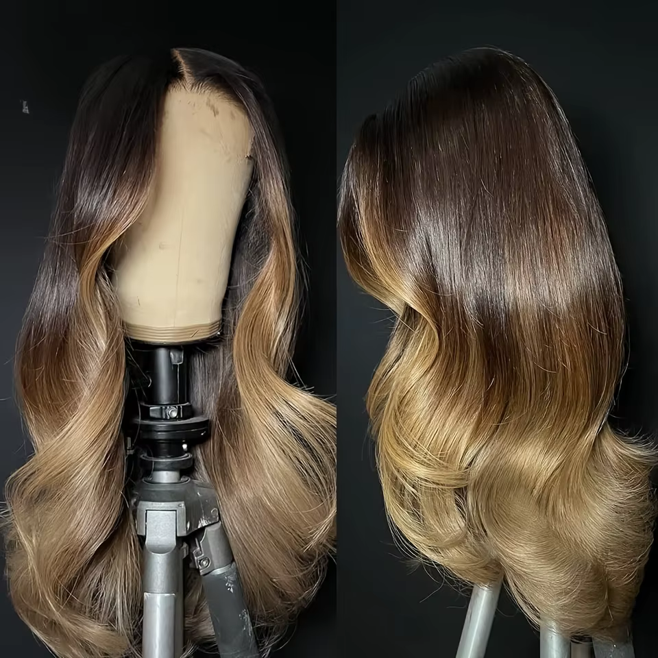 Perruque en cheveux humains juives sans colle, longue, blonde ombrée, 24 pouces, ondulée douce, base