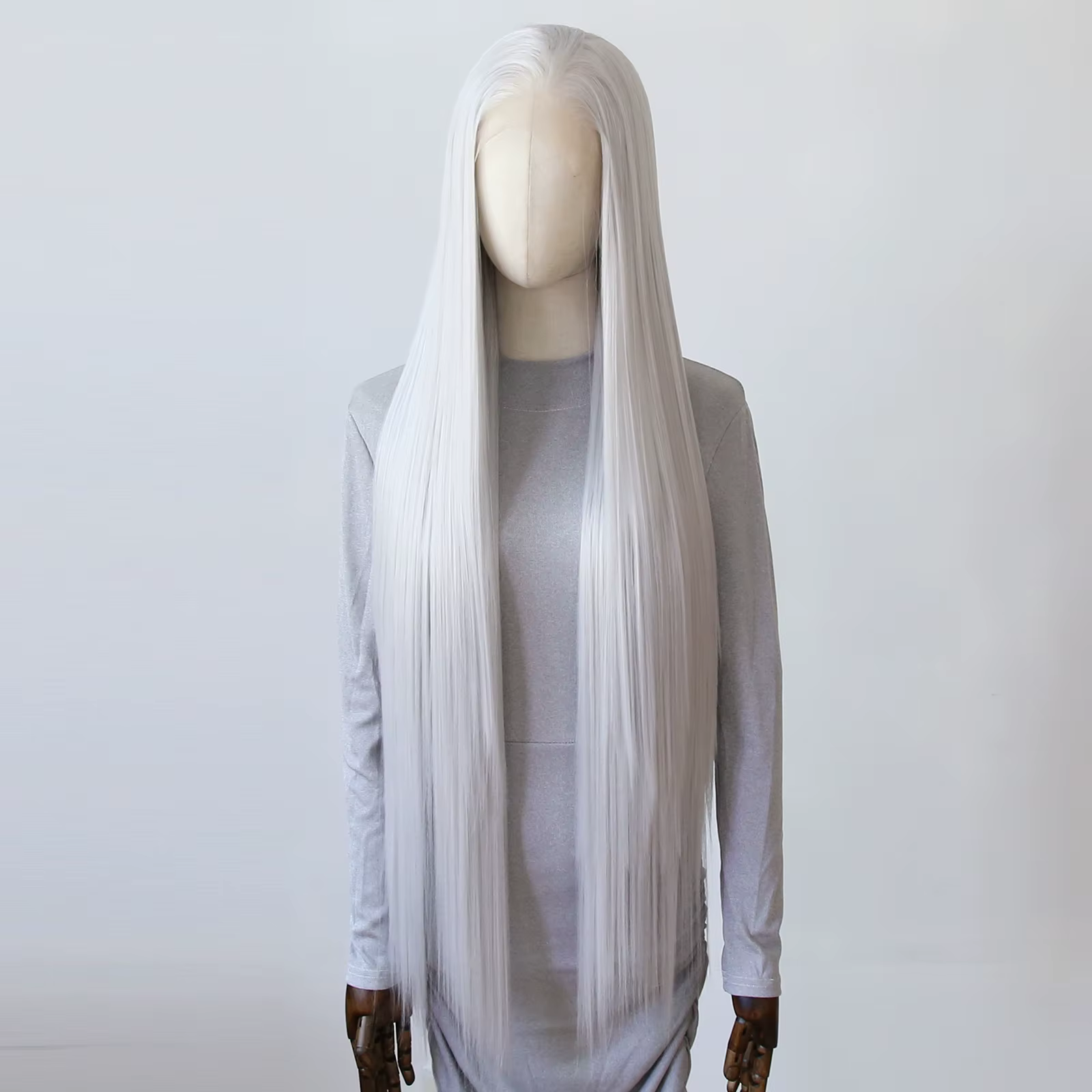 Perruque Lace Front Wig synthétique blanche argentée, perruque longue et lisse de 40 pouces, perruqu