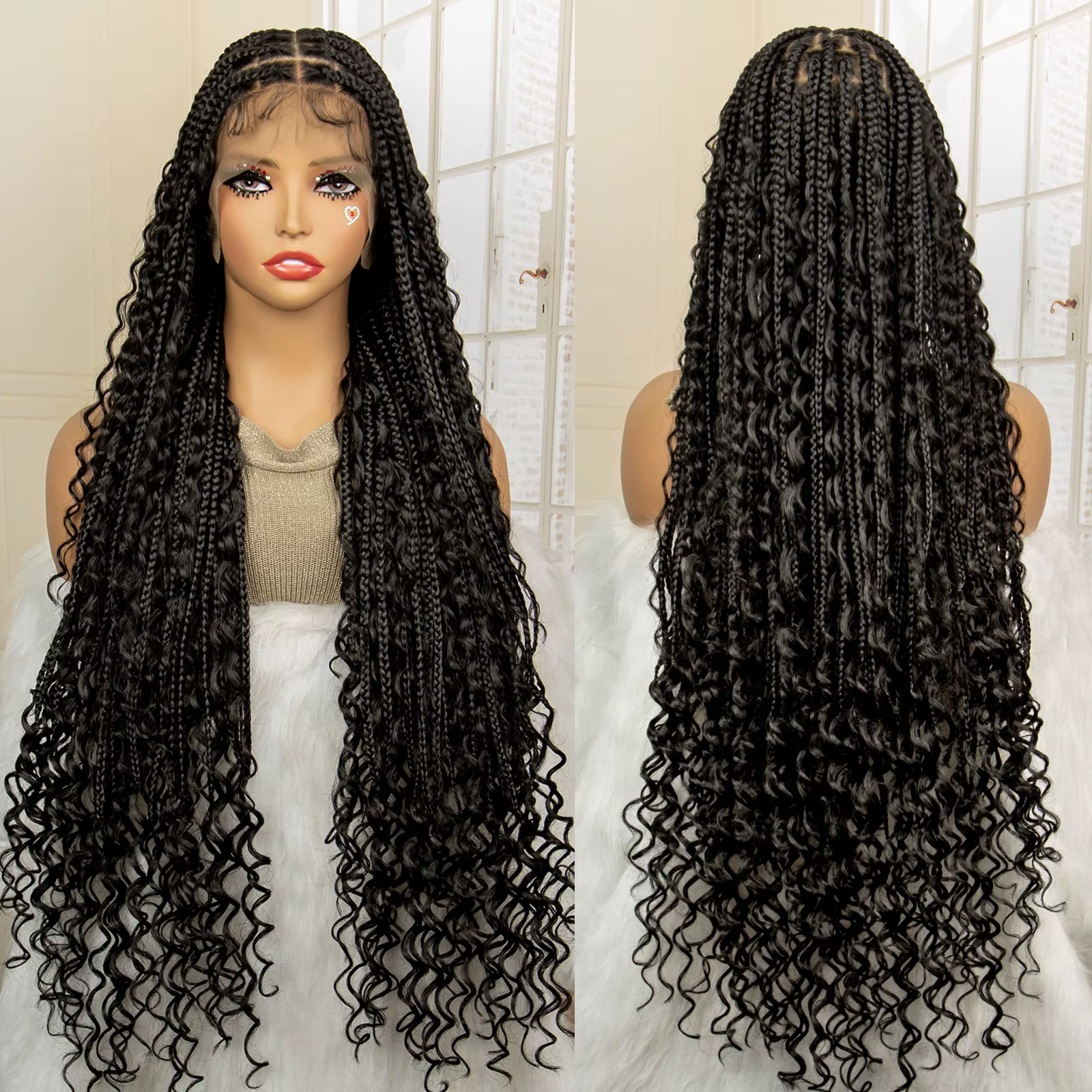 Perruques tressées Boho longues de 36 pouces avec cheveux de bébé, perruque synthétique pleine dente