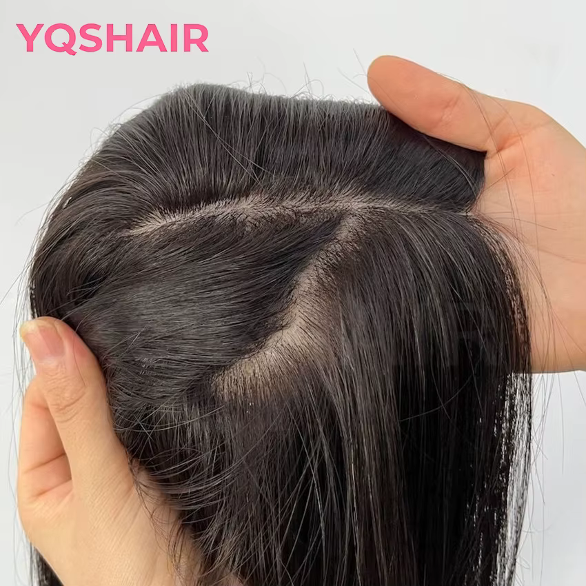 Perruque de cheveux humains européens vierges avec frange à Air, 6x6 pouces, haut en soie avec devan