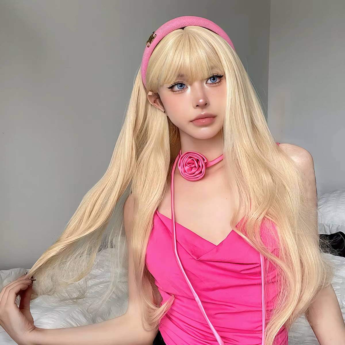 Perruques synthétiques ondulées blondes longues avec frange, perruques de Cosplay Lolita blondes Hal