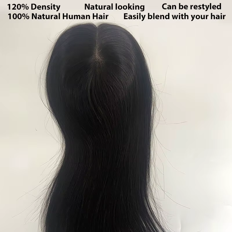 Fine Mono & Pu Base Topper avec 3 Clips pour Femme, Cheveux Humains Raides, Perruques Remy, Postiche