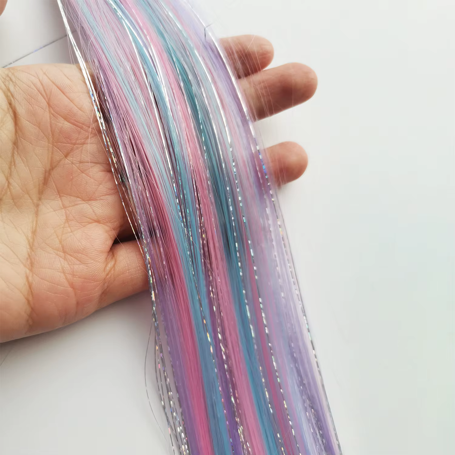 Extensions de cheveux synthétiques à clips licorne colorées, tinsels argentés mélangés, arc-en-ciel,