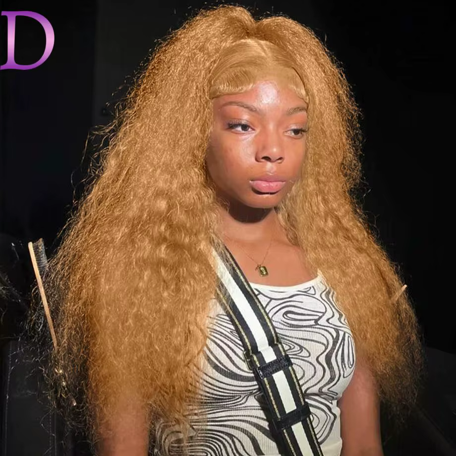 Dialola Perruque Cheveux Humains Bouclés Deep Wave Blonde Miel Couleur 27 Dentelle Frontale 13x4 13x
