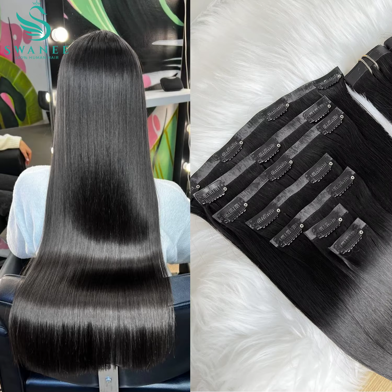 Extensions de cheveux vierges naturels à clipser, cheveux humains vietnamiens lisses, noirs naturels
