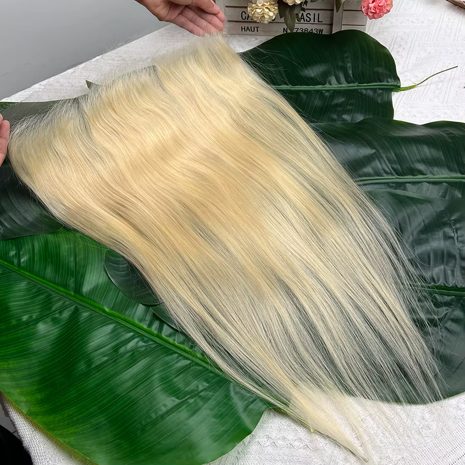 Frontale en dentelle invisible HD 13x6 # 613 cheveux humains droits colorés blonds pré-épilés nœuds